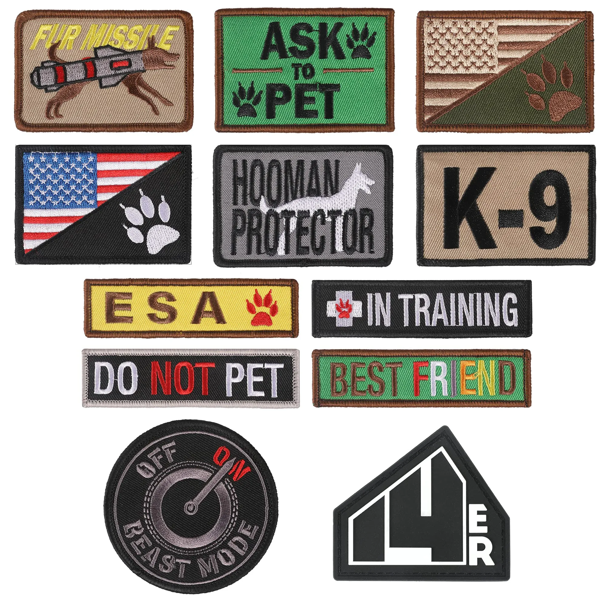 14er Tactical K9 Unit Dog Patches Embroidered Service Animal, Ask to Pet, Do Not Pet, Therapy Dog in Training, ESA Hook and Loop Patches for Dog Vest, Military Harness, Collar and Leashes (12-Pack) Regular Assorted