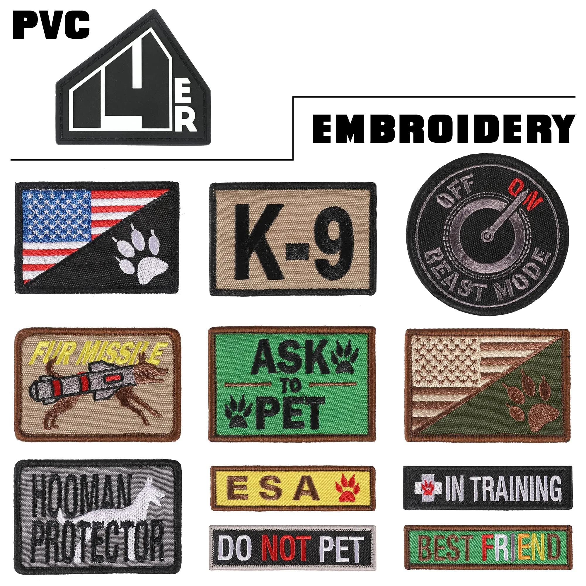 14er Tactical K9 Unit Dog Patches Embroidered Service Animal, Ask to Pet, Do Not Pet, Therapy Dog in Training, ESA Hook and Loop Patches for Dog Vest, Military Harness, Collar and Leashes (12-Pack) Regular Assorted