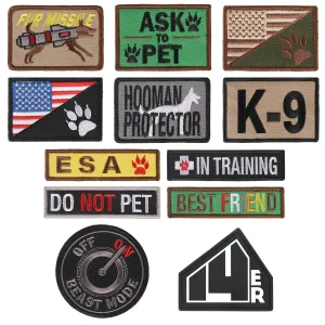 14er Tactical K9 Unit Dog Patches Embroidered Service Animal, Ask to Pet, Do Not Pet, Therapy Dog in Training, ESA Hook and Loop Patches for Dog Vest, Military Harness, Collar and Leashes (12-Pack) Regular Assorted