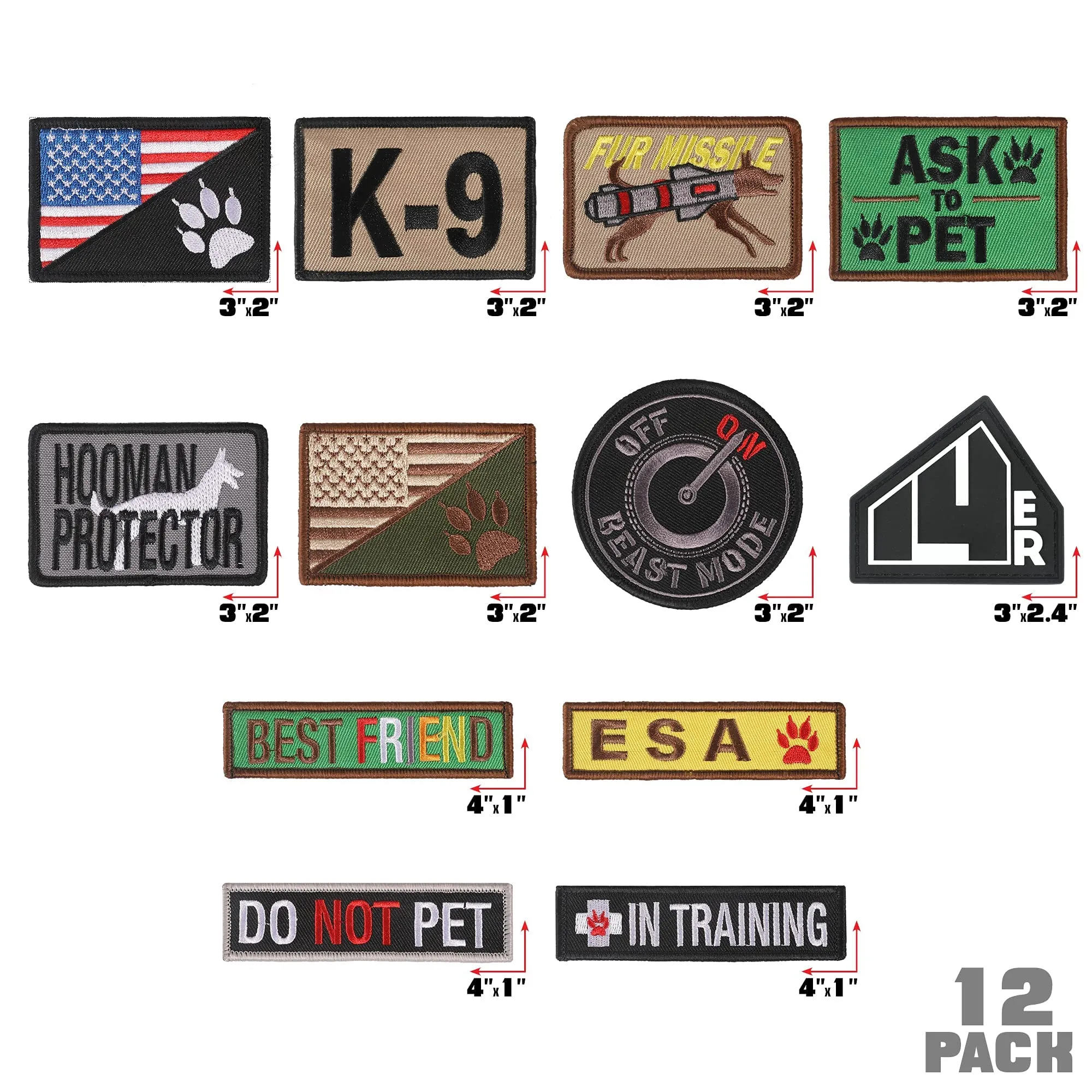 14er Tactical K9 Unit Dog Patches Embroidered Service Animal, Ask to Pet, Do Not Pet, Therapy Dog in Training, ESA Hook and Loop Patches for Dog Vest, Military Harness, Collar and Leashes (12-Pack) Regular Assorted