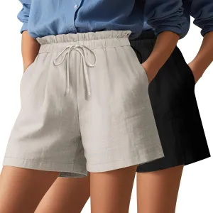 2 Pack Women's Linen Shorts Summer Cotton Casual High Waisted Wide Leg Drawstring Beach Short with Pockets