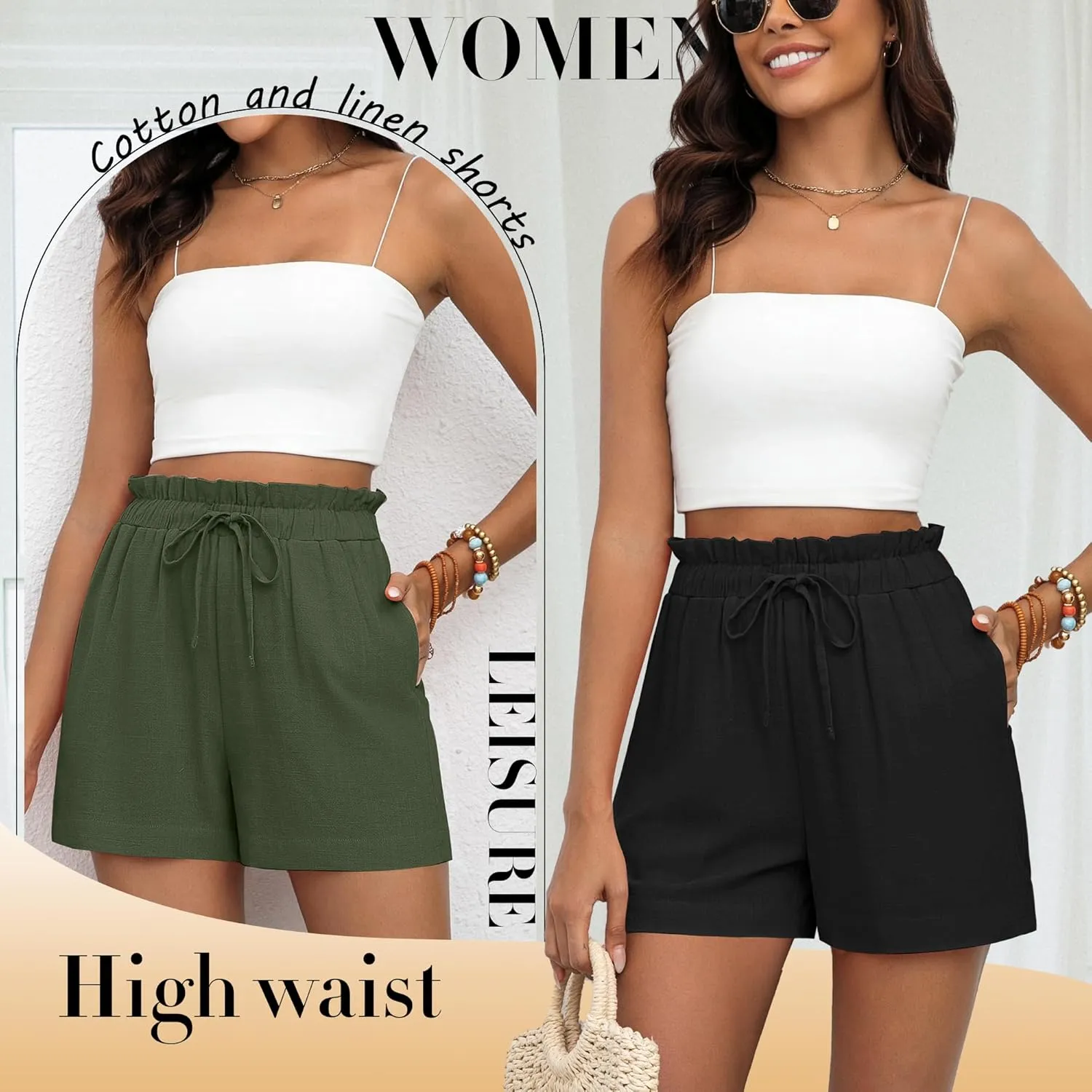 2 Pack Women's Linen Shorts Summer Cotton Casual High Waisted Wide Leg Drawstring Beach Short with Pockets