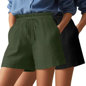 2 Pack Women's Linen Shorts Summer Cotton Casual High Waisted Wide Leg Drawstring Beach Short with Pockets