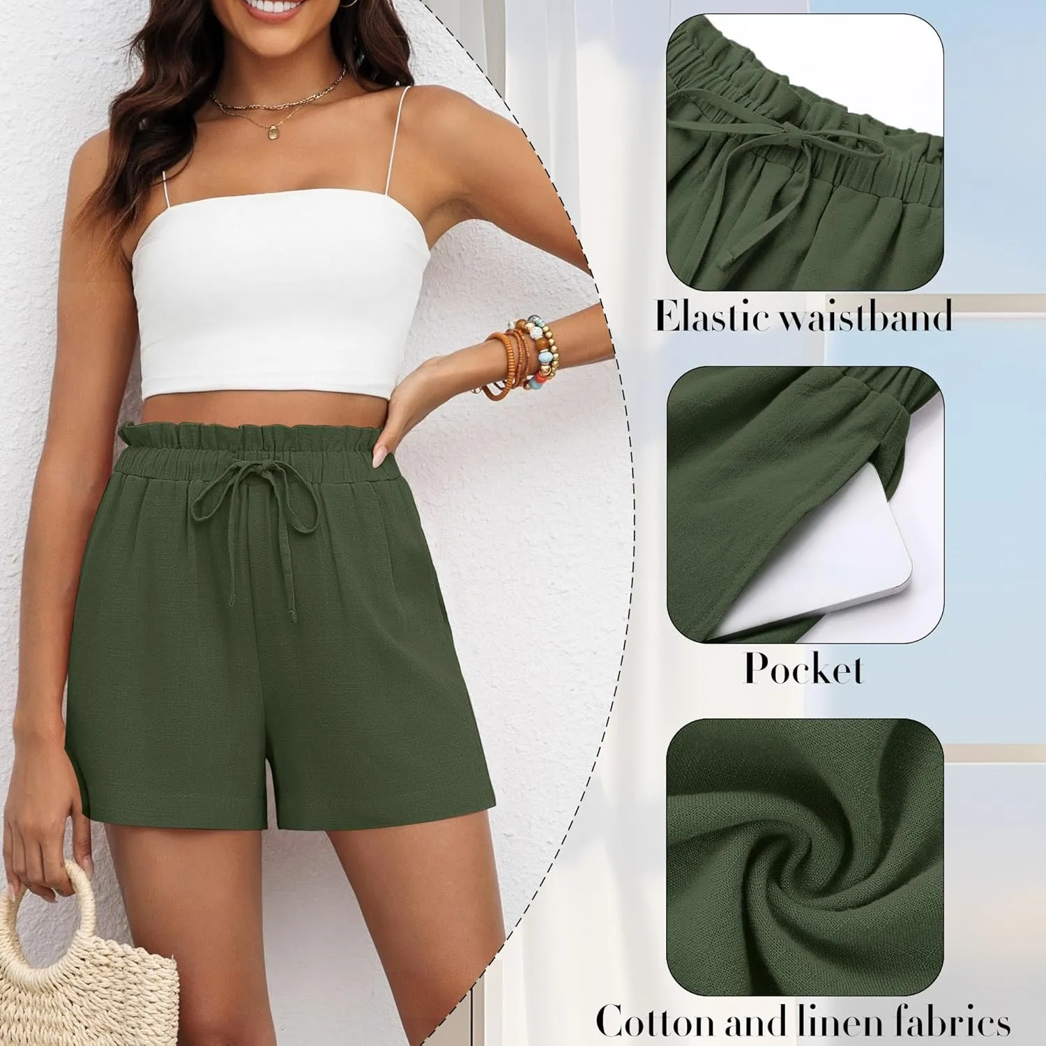 2 Pack Women's Linen Shorts Summer Cotton Casual High Waisted Wide Leg Drawstring Beach Short with Pockets