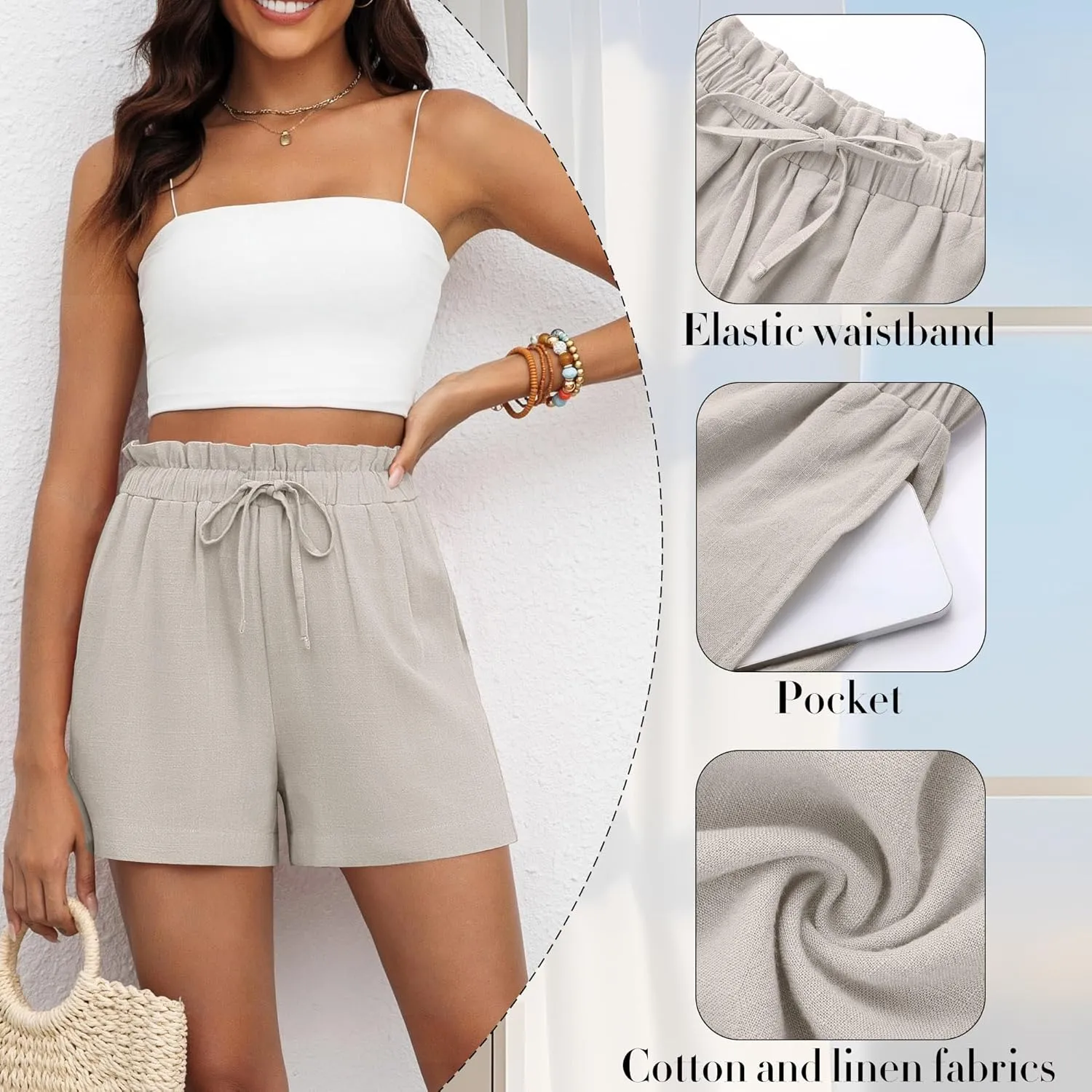 2 Pack Women's Linen Shorts Summer Cotton Casual High Waisted Wide Leg Drawstring Beach Short with Pockets