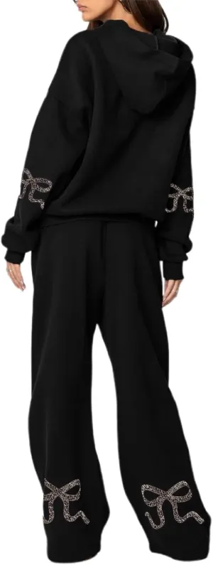 2 Piece Hoodie Set for Women Y2k Bow Print Oversized Sweatshirt Wide Leg Sweatpants Cute Sweatsuit Set