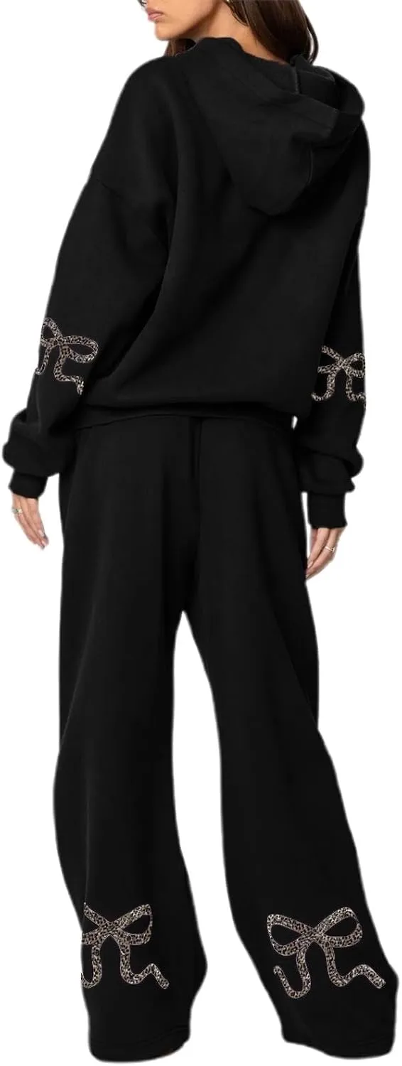 2 Piece Hoodie Set for Women Y2k Bow Print Oversized Sweatshirt Wide Leg Sweatpants Cute Sweatsuit Set