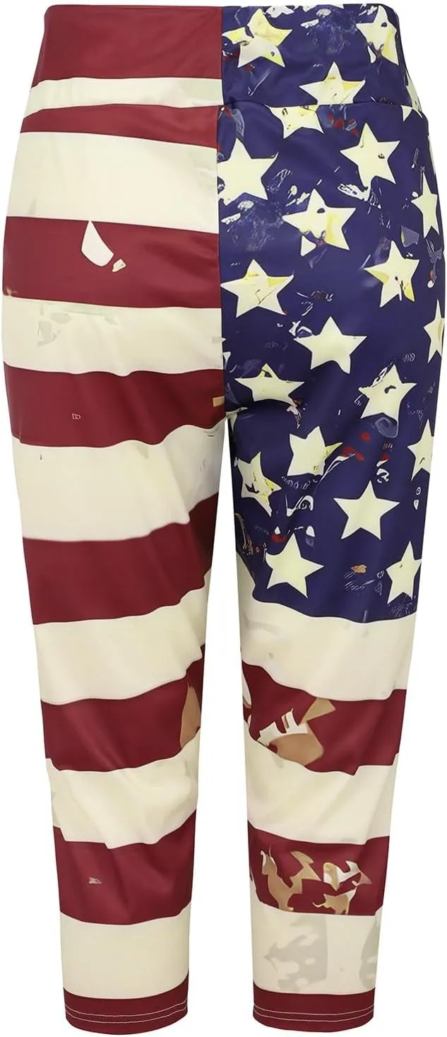 4th of July Capri Leggings for Women High Waist Capris Pant Tummy Control Knee Length Slim Fit Yoga Cropped Trouser