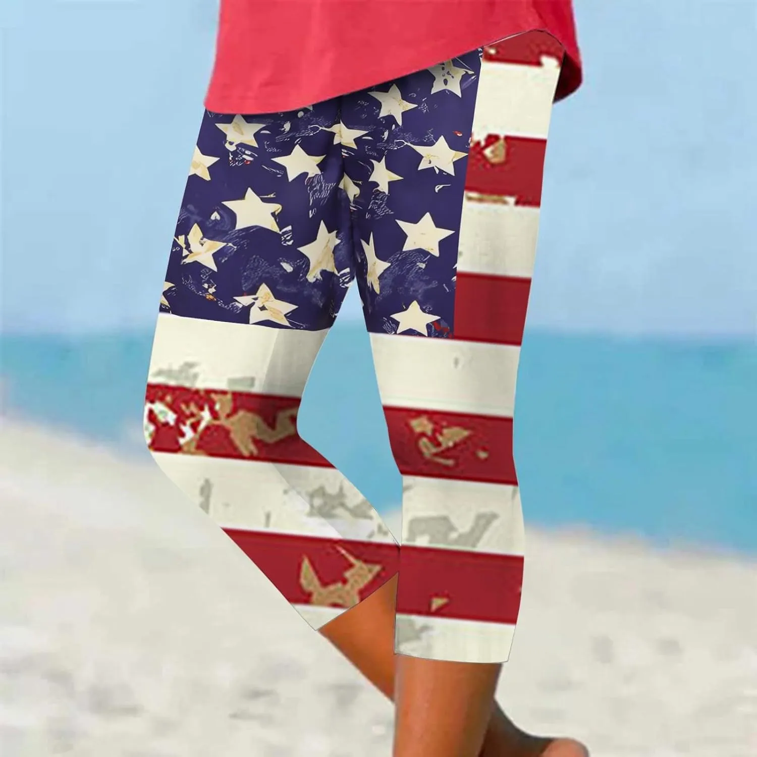 4th of July Capri Leggings for Women High Waist Capris Pant Tummy Control Knee Length Slim Fit Yoga Cropped Trouser