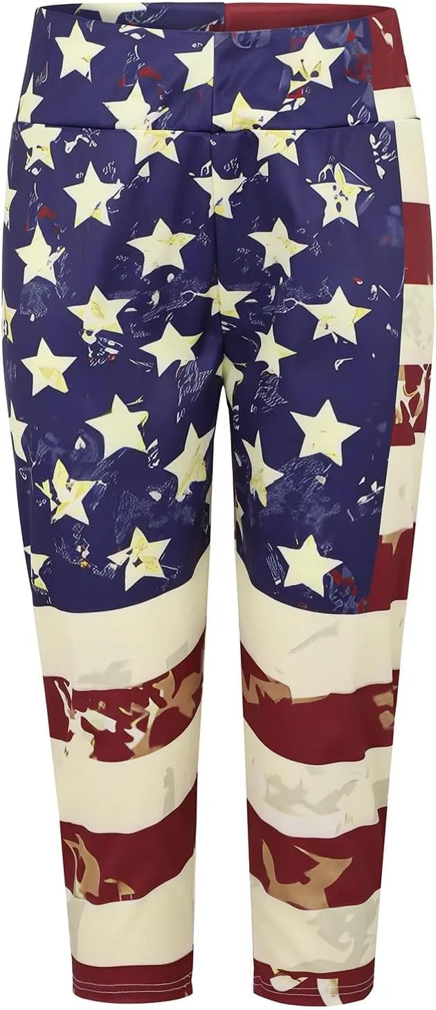 4th of July Capri Leggings for Women High Waist Capris Pant Tummy Control Knee Length Slim Fit Yoga Cropped Trouser