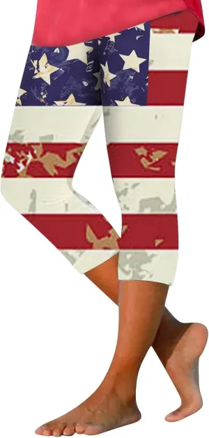 4th of July Capri Leggings for Women High Waist Capris Pant Tummy Control Knee Length Slim Fit Yoga Cropped Trouser