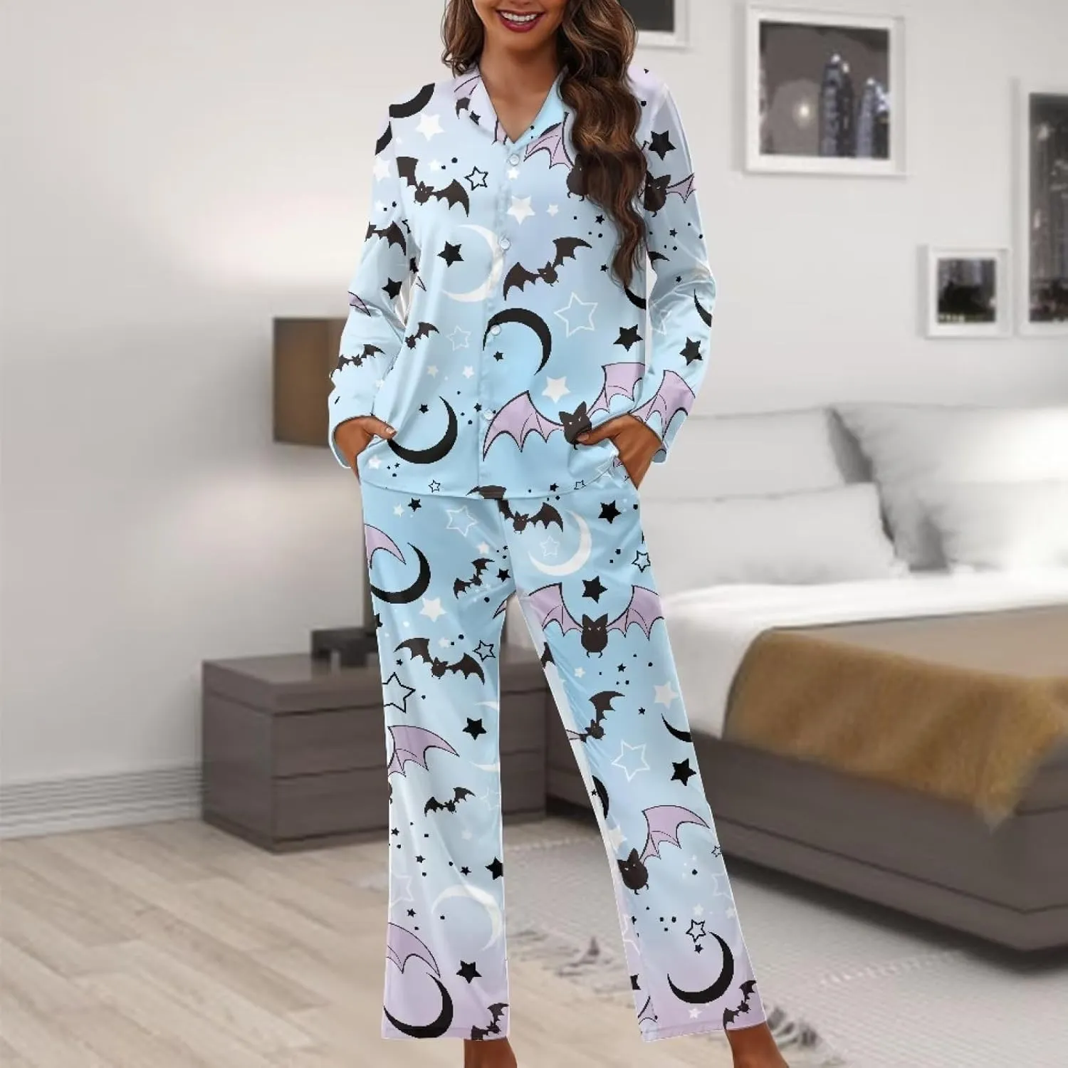 AFPANQZ Women's Pajamas Set Soft Long Sleeves Tops Button Down Shirts with Full Length Pants Home Sleepwear Nightgown XS-4XL