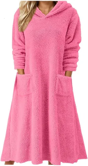 Akivide Womens Oversized Winter Warm Fuzzy Sherpa Hoodie Dress Fleece Maxi Dress Nightgowns with Pockets
