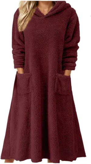 Akivide Womens Oversized Winter Warm Fuzzy Sherpa Hoodie Dress Fleece Maxi Dress Nightgowns with Pockets