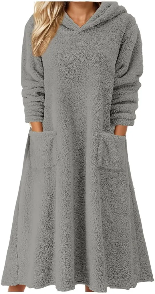 Akivide Womens Oversized Winter Warm Fuzzy Sherpa Hoodie Dress Fleece Maxi Dress Nightgowns with Pockets