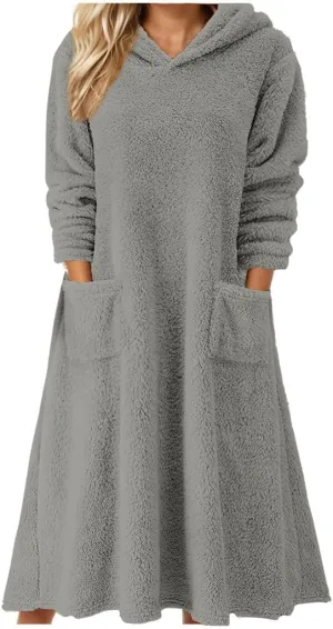 Akivide Womens Oversized Winter Warm Fuzzy Sherpa Hoodie Dress Fleece Maxi Dress Nightgowns with Pockets