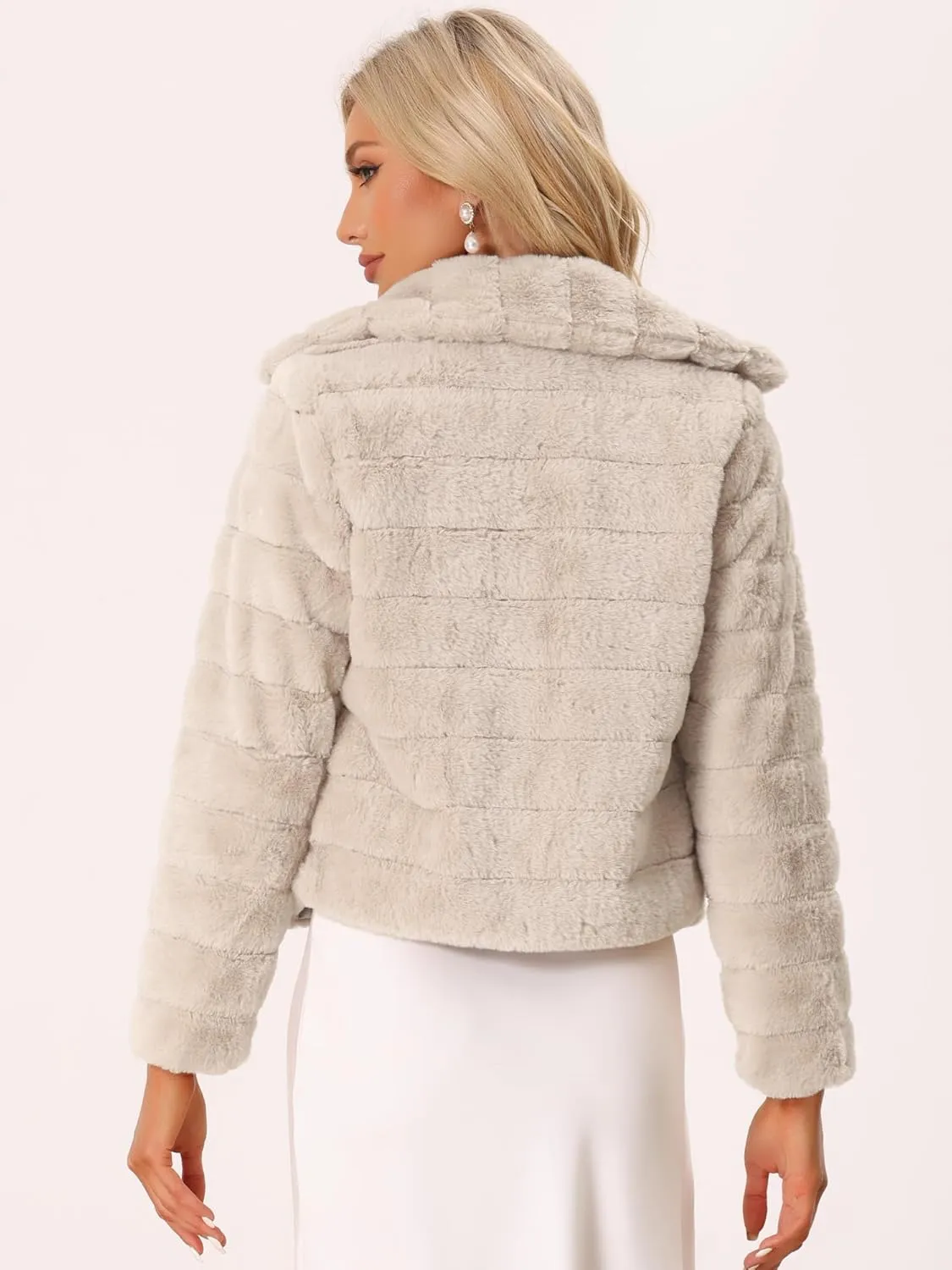 Allegra K Women's Faux Fur Fluffy Coat Collar 2024 Warm Winter Cropped Jacket