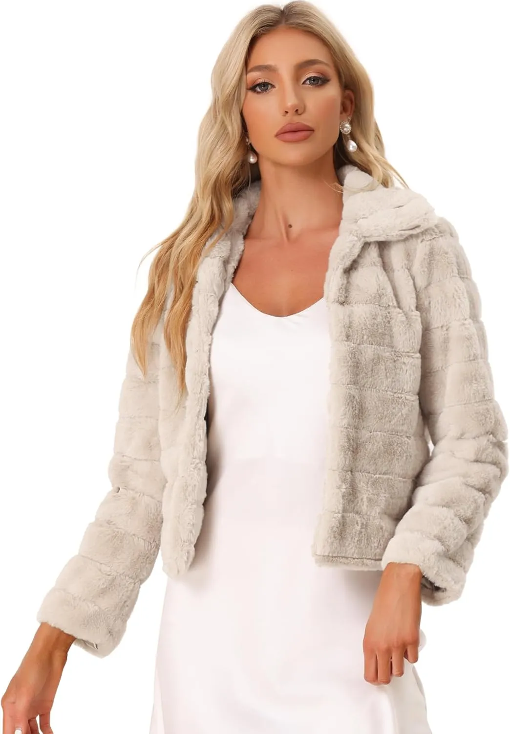 Allegra K Women's Faux Fur Fluffy Coat Collar 2024 Warm Winter Cropped Jacket