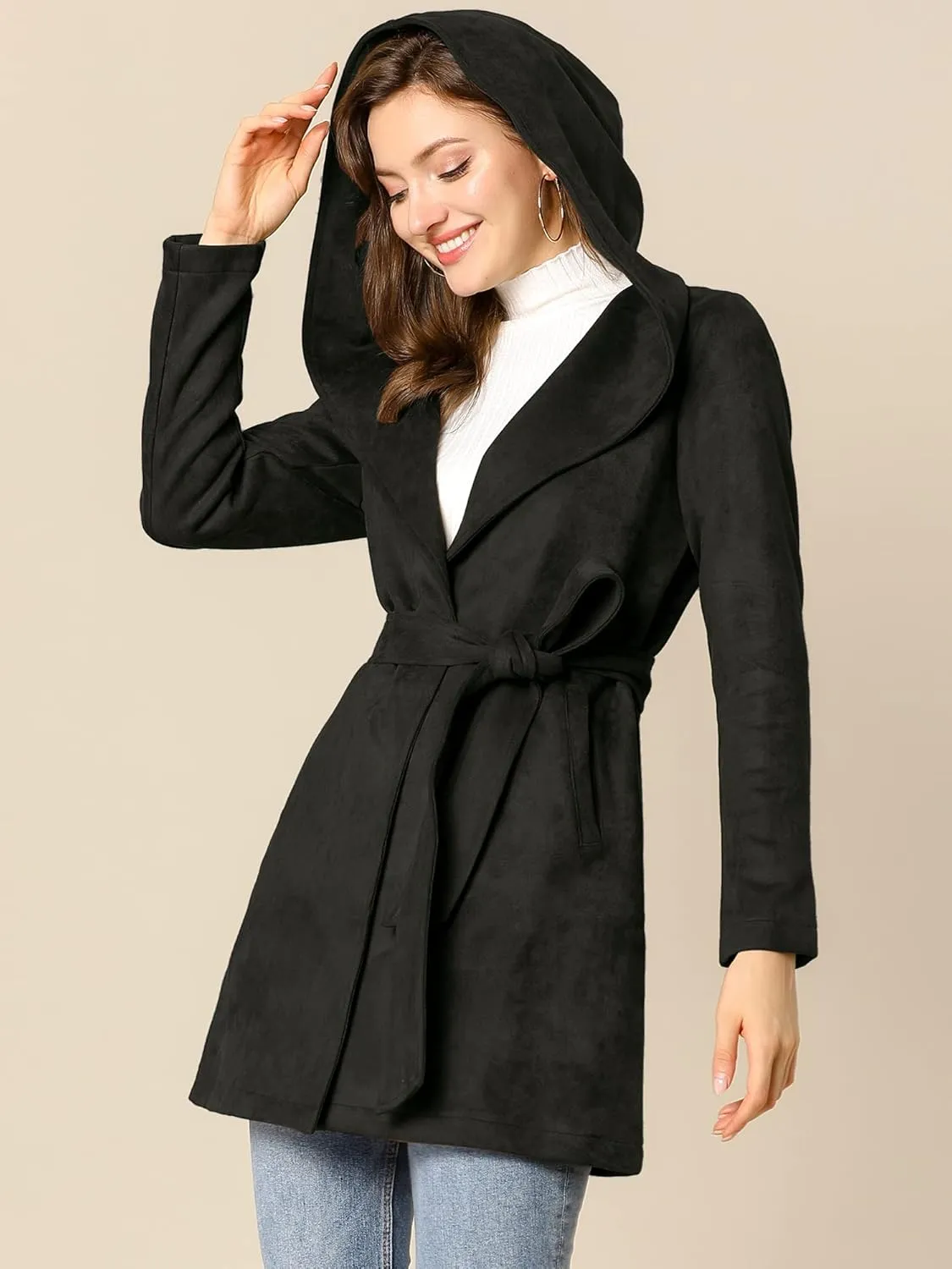 Allegra K Women's Faux Suede Hooded Winter Long Sleeve Belted Wrap Coat