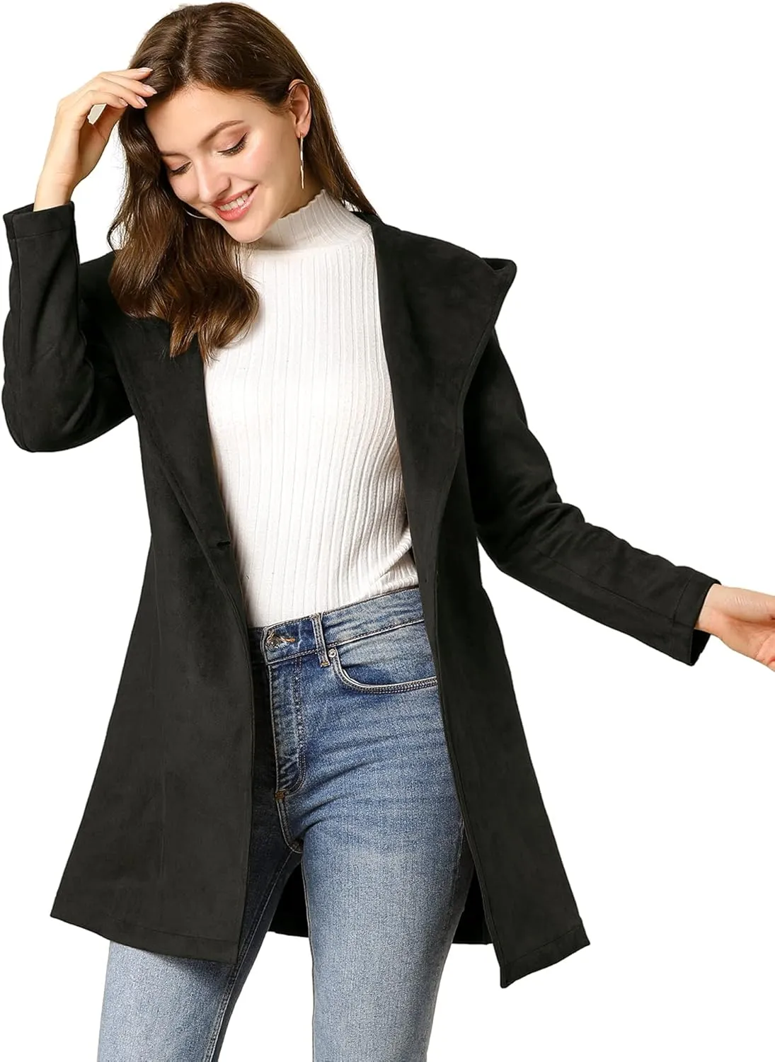 Allegra K Women's Faux Suede Hooded Winter Long Sleeve Belted Wrap Coat