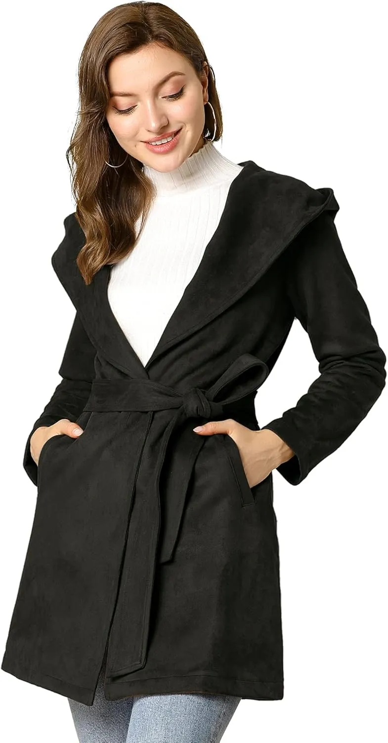 Allegra K Women's Faux Suede Hooded Winter Long Sleeve Belted Wrap Coat