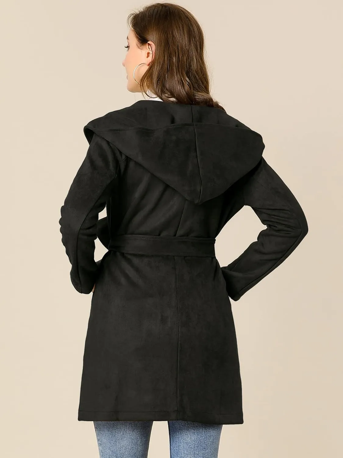 Allegra K Women's Faux Suede Hooded Winter Long Sleeve Belted Wrap Coat