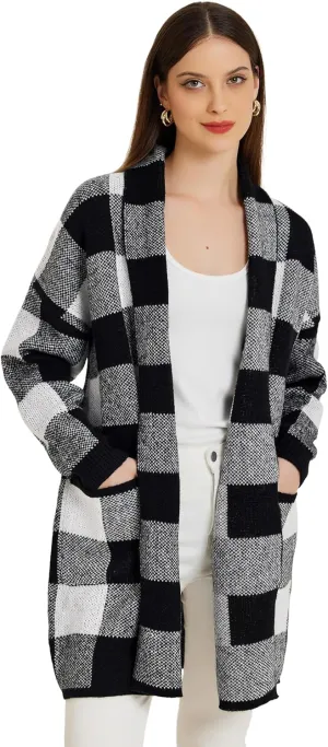 Allegra K Women's Winter Plaid Cardigan Long Sleeve Open Front Outwear Casual Sweater Cardigan