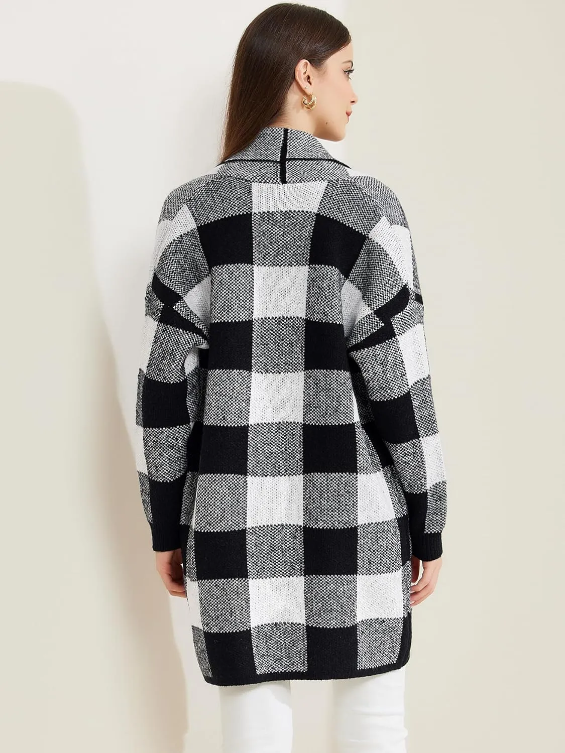Allegra K Women's Winter Plaid Cardigan Long Sleeve Open Front Outwear Casual Sweater Cardigan