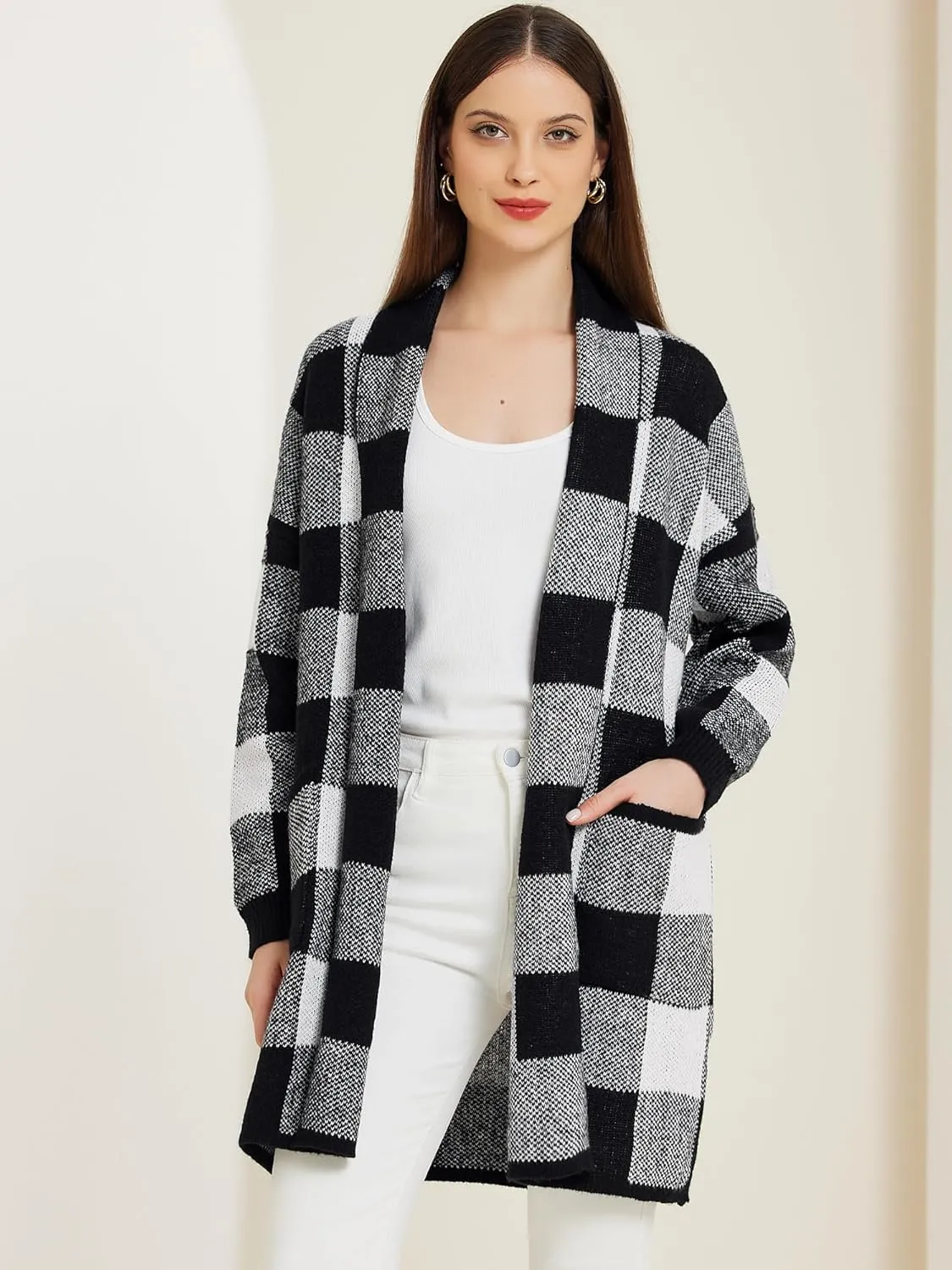 Allegra K Women's Winter Plaid Cardigan Long Sleeve Open Front Outwear Casual Sweater Cardigan