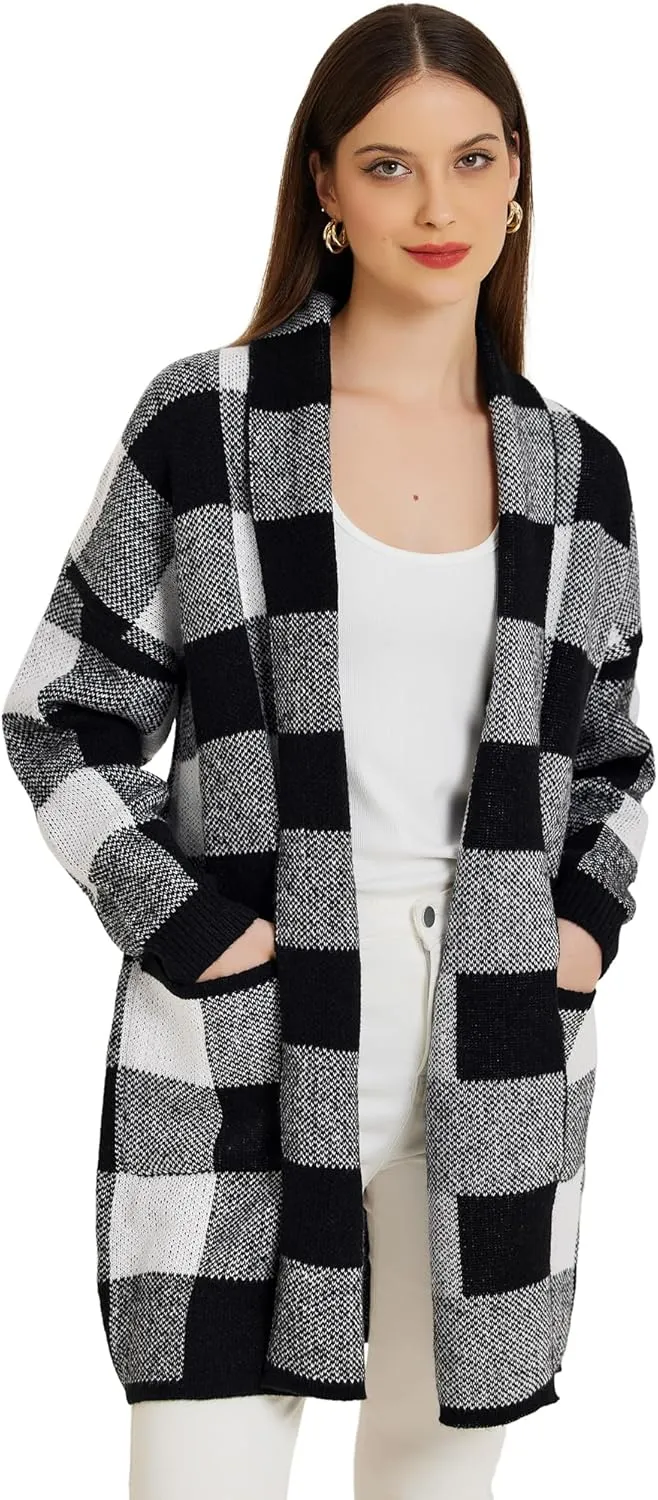 Allegra K Women's Winter Plaid Cardigan Long Sleeve Open Front Outwear Casual Sweater Cardigan