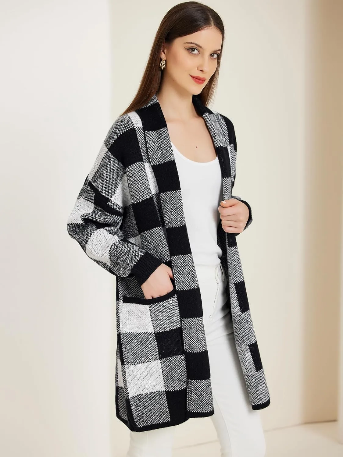 Allegra K Women's Winter Plaid Cardigan Long Sleeve Open Front Outwear Casual Sweater Cardigan