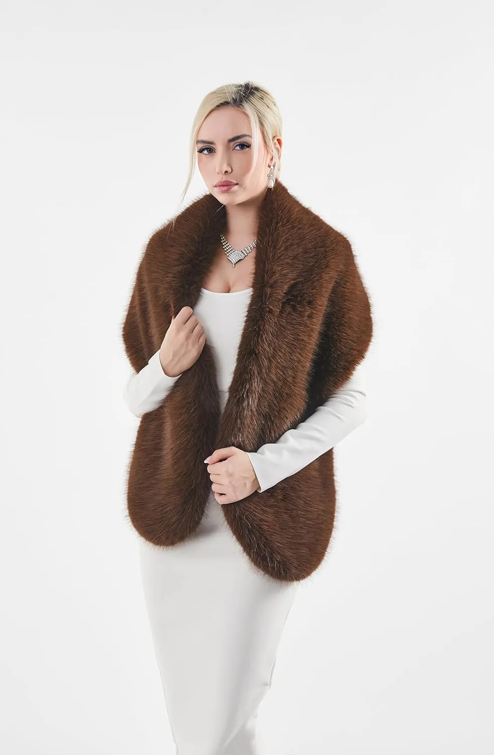 AMTFBY Women's Faux Fur Wrap Cross Shawl For Winter Evening Party Cape