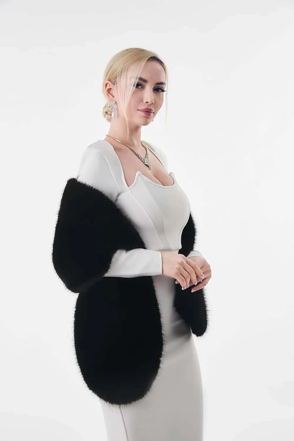 AMTFBY Women's Faux Fur Wrap Cross Shawl For Winter Evening Party Cape