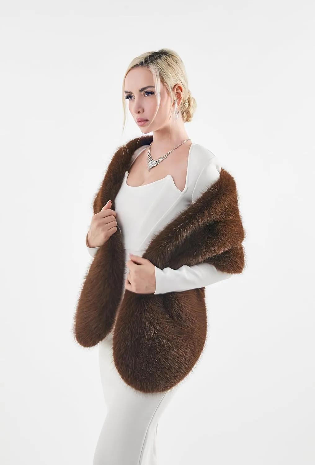 AMTFBY Women's Faux Fur Wrap Cross Shawl For Winter Evening Party Cape