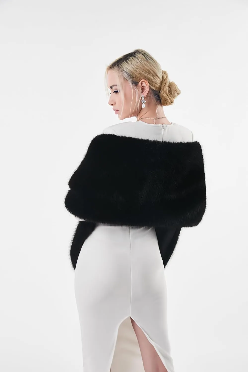 AMTFBY Women's Faux Fur Wrap Cross Shawl For Winter Evening Party Cape