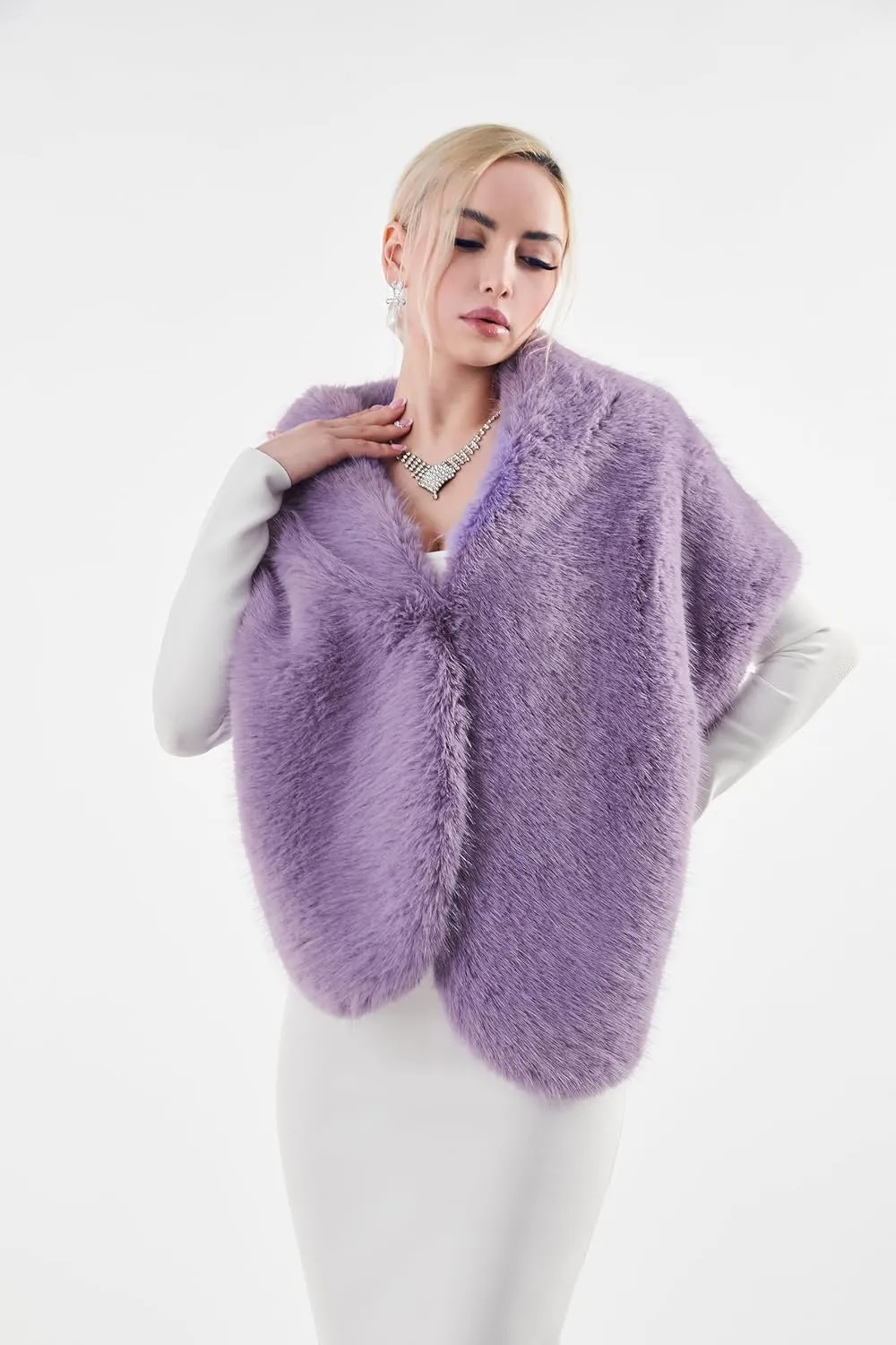 AMTFBY Women's Faux Fur Wrap Cross Shawl For Winter Evening Party Cape