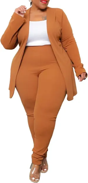 Aro Lora Womens Plus Size 2 Piece Outfits Open Front Blazer and Long Pant Suits Set