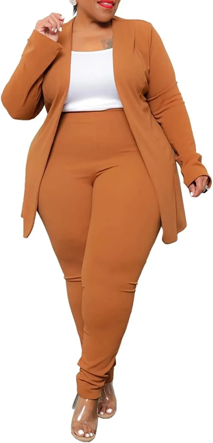 Aro Lora Womens Plus Size 2 Piece Outfits Open Front Blazer and Long Pant Suits Set