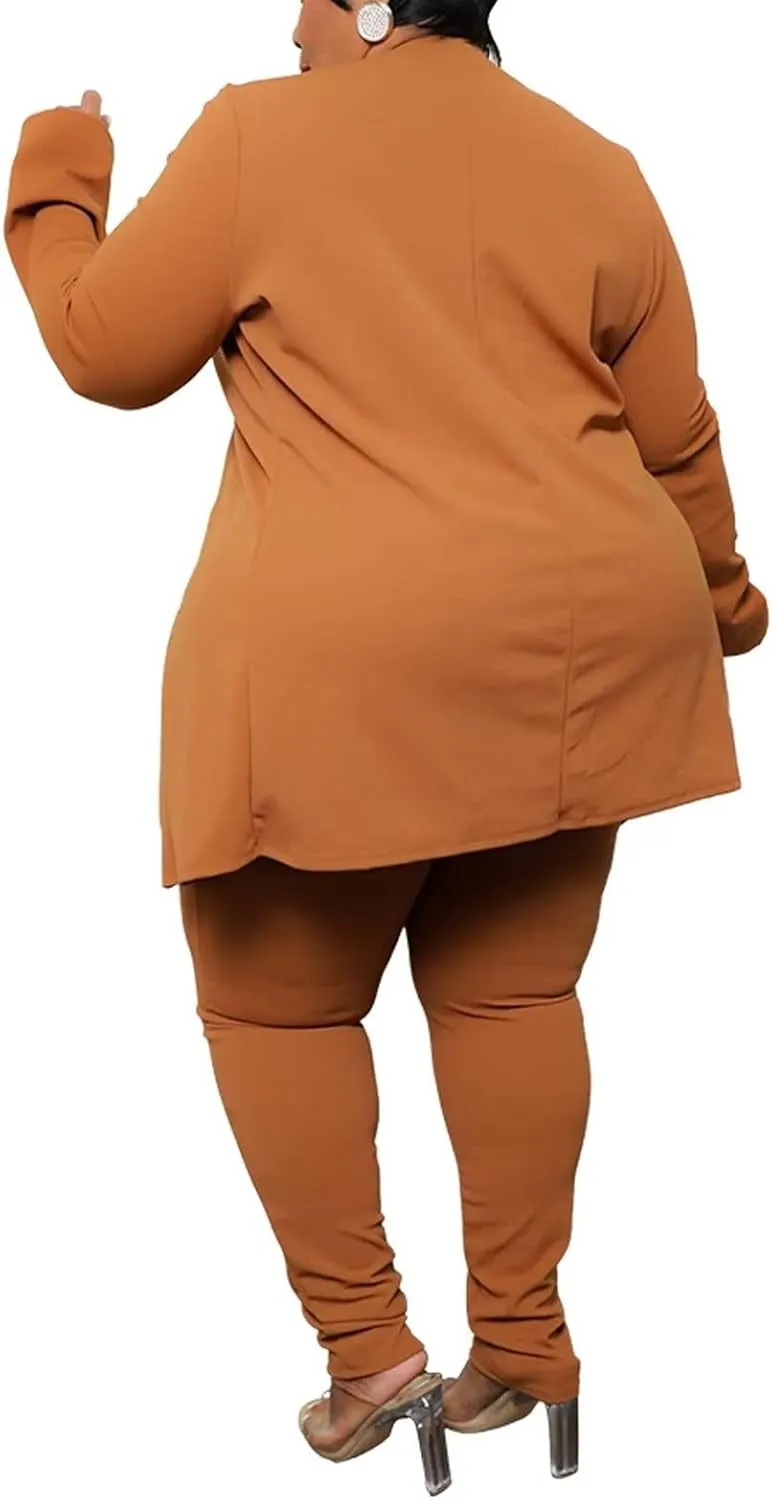 Aro Lora Womens Plus Size 2 Piece Outfits Open Front Blazer and Long Pant Suits Set