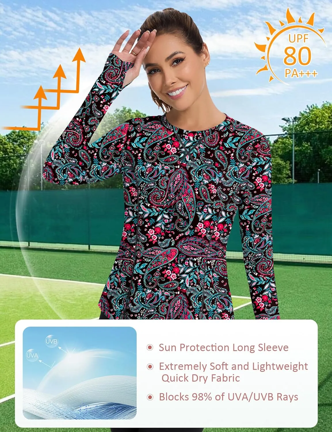Avoogue Women UPF 50  UV Shirts Long Sleeve with Thumb Holes Workout Sun Shirt Quick Dry Athletic Hiking Running Tops