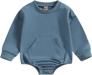 Baby Girl Boy Solid Sweatshirt Bubble Romper Crewneck Bodysuit Pullover Tops Oversized Newborn Sweater Romper Outfit