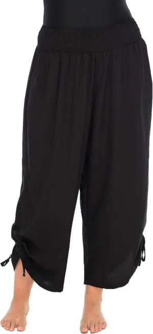 Back From Bali Womens Boho Wide Leg Loose Pants Cropped Rayon Summer Beach Pants Smocked Waist Black