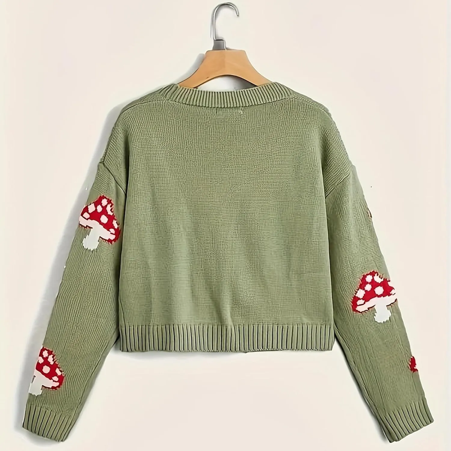 BAIMORE Women's Cute V Neck Mushroom Print Button Front Long Sleeve Crop Knit Cardigan