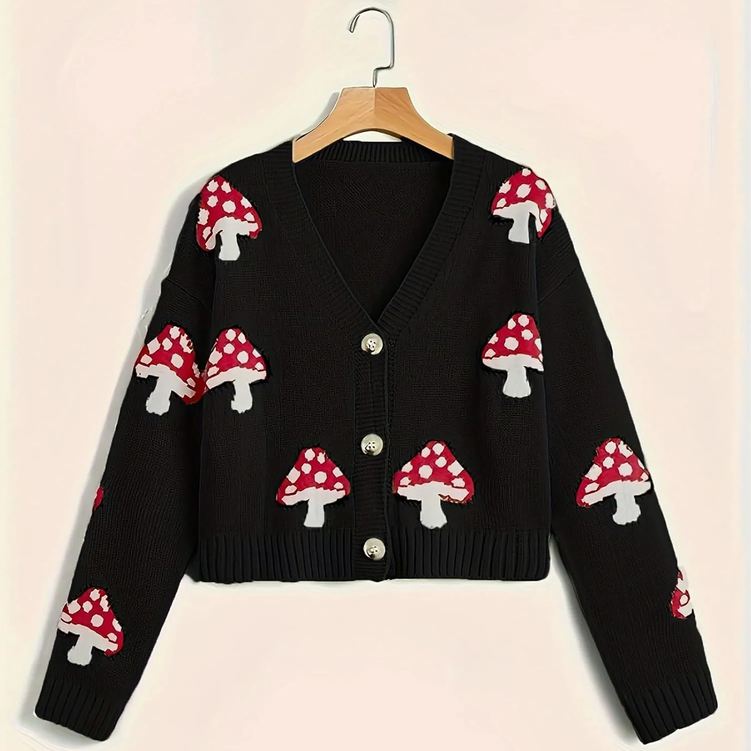 BAIMORE Women's Cute V Neck Mushroom Print Button Front Long Sleeve Crop Knit Cardigan