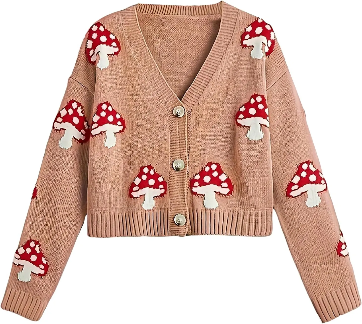 BAIMORE Women's Cute V Neck Mushroom Print Button Front Long Sleeve Crop Knit Cardigan