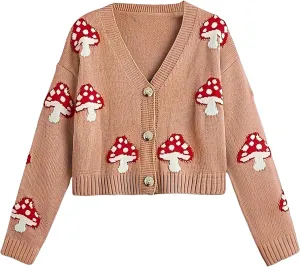BAIMORE Women's Cute V Neck Mushroom Print Button Front Long Sleeve Crop Knit Cardigan