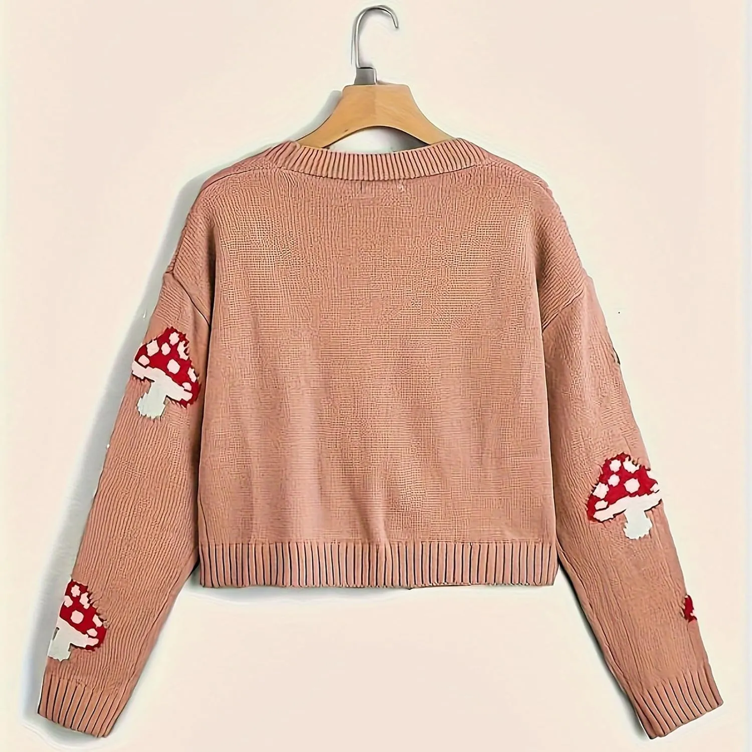 BAIMORE Women's Cute V Neck Mushroom Print Button Front Long Sleeve Crop Knit Cardigan
