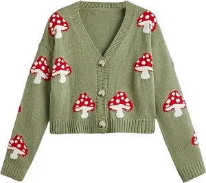 BAIMORE Women's Cute V Neck Mushroom Print Button Front Long Sleeve Crop Knit Cardigan