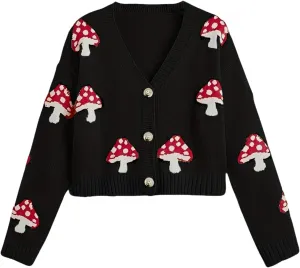 BAIMORE Women's Cute V Neck Mushroom Print Button Front Long Sleeve Crop Knit Cardigan