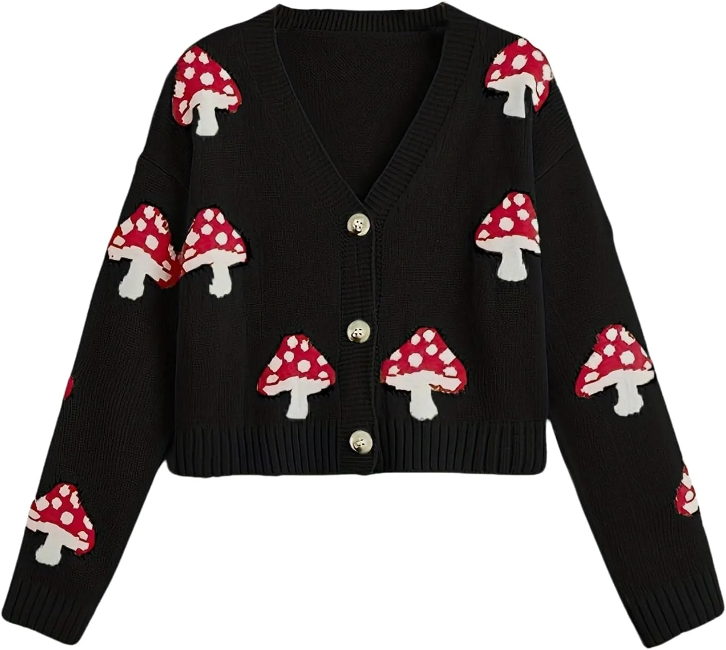 BAIMORE Women's Cute V Neck Mushroom Print Button Front Long Sleeve Crop Knit Cardigan